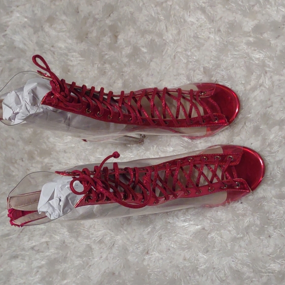 Red Lace up Peep-Toe Booties - Picture 2 of 7